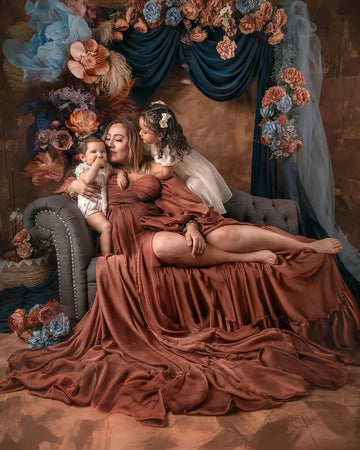 MQTIME  -  Vintage Brown Chiffon Maternity Photography Dress Plus Size Open Back Loose Pregnancy Gown for Photoshoot Baby Shower Robe